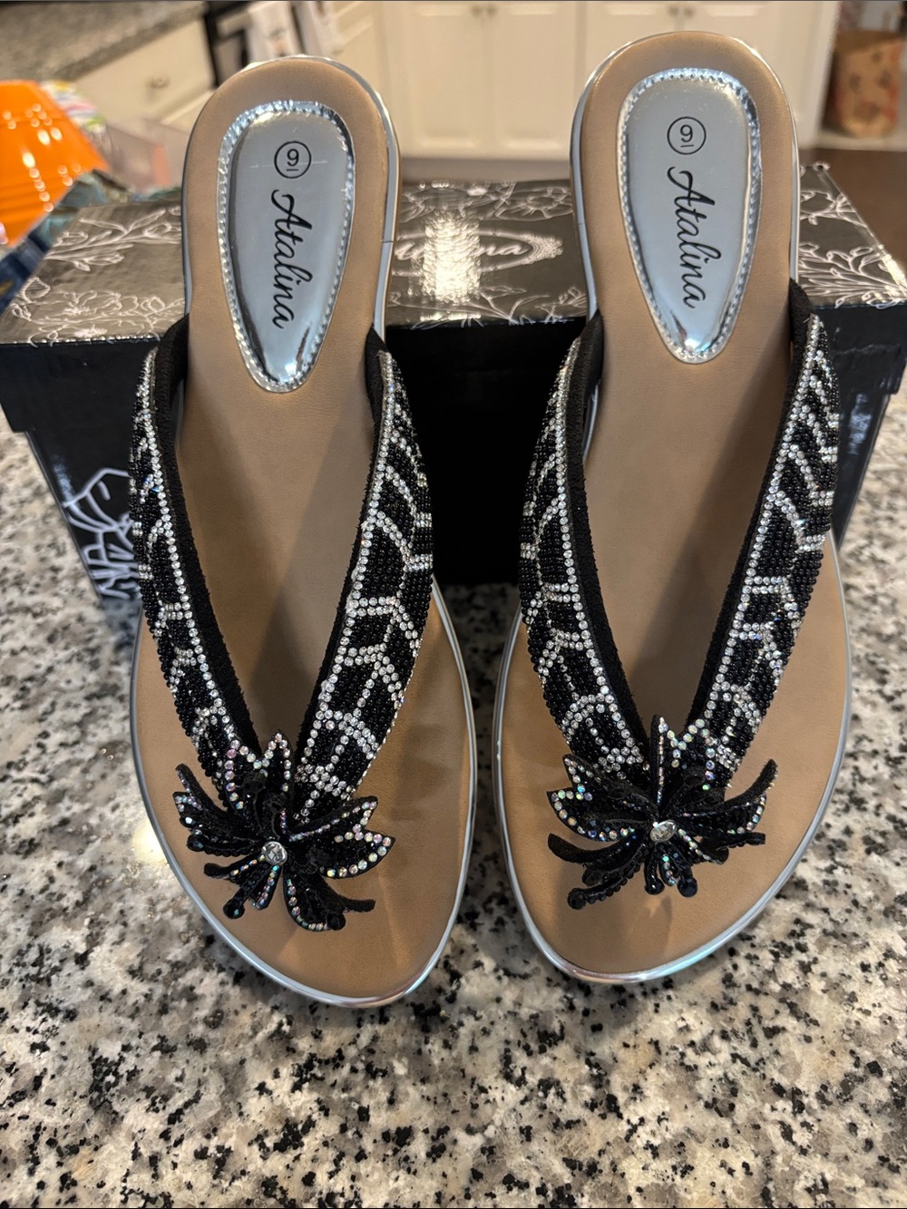 Black Beaded Floral Thong Sandals